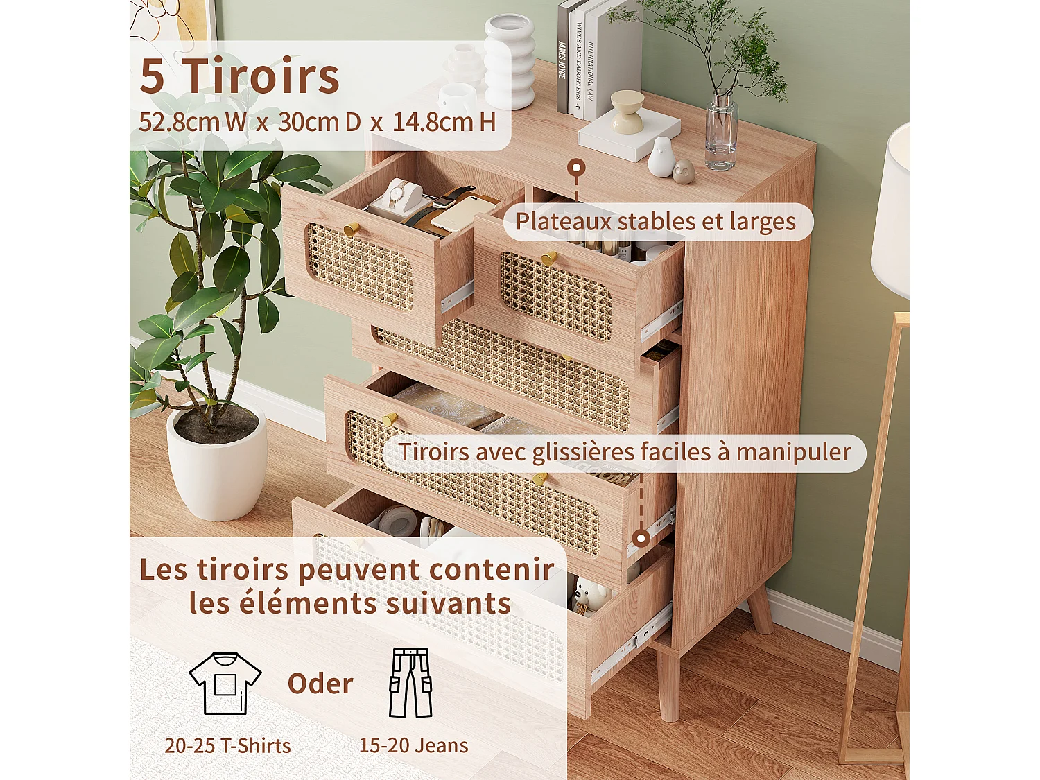 Commode à 5 tiroirs 60*34*91cm, avec poignées en métal, meuble à manger en rotin, bois, couleur bois naturel