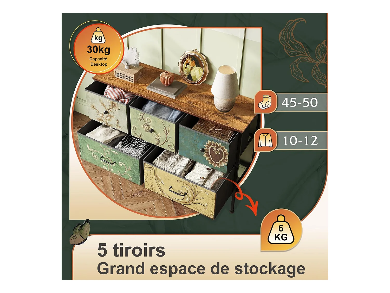 Commode 5 tiroirs, commode style bohème, 100 * 55.2* 30 cm. Tissu non tissé + bois + cadre en fer