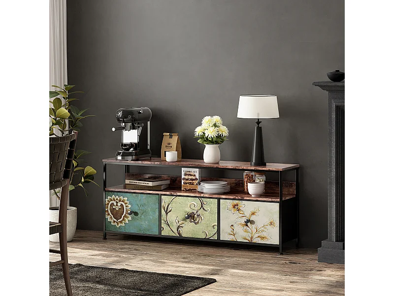 Meuble TV avec bande lumineuse LED, réglable en hauteur, 137*30*57cm, marron foncé -style bohème