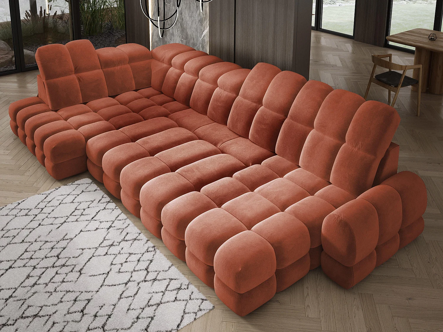 Canapé d’angle Tollo Rustique tissu Salvador côté gauche 400x217x105 cm, U-Form avec couchage, coffre 120x85x17 cm, réglable électriquement