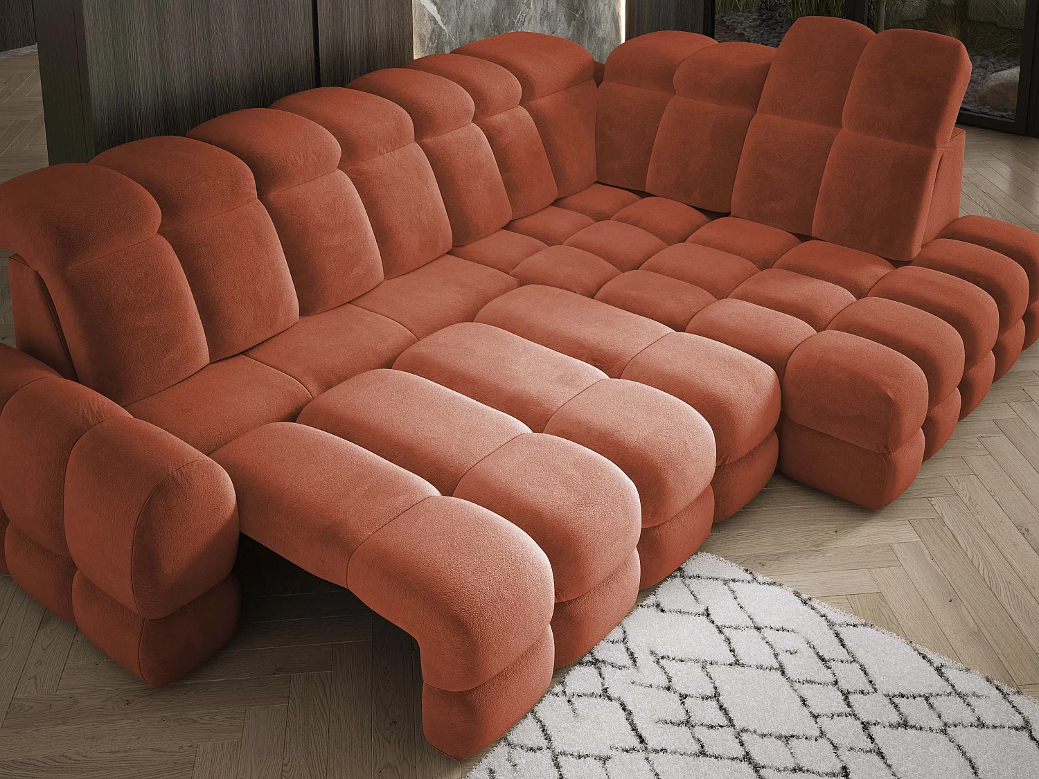 Canapé d'angle Tollo Rustique tissu Salvador côté droit 302x217x105 cm, forme L, convertible, coffre 120x85x17 cm, réglage électrique