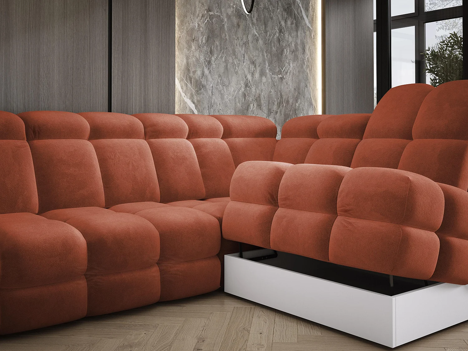 Canapé d'angle Tollo Rustique tissu Salvador côté droit 302x217x105 cm, forme L, convertible, coffre 120x85x17 cm, réglage électrique