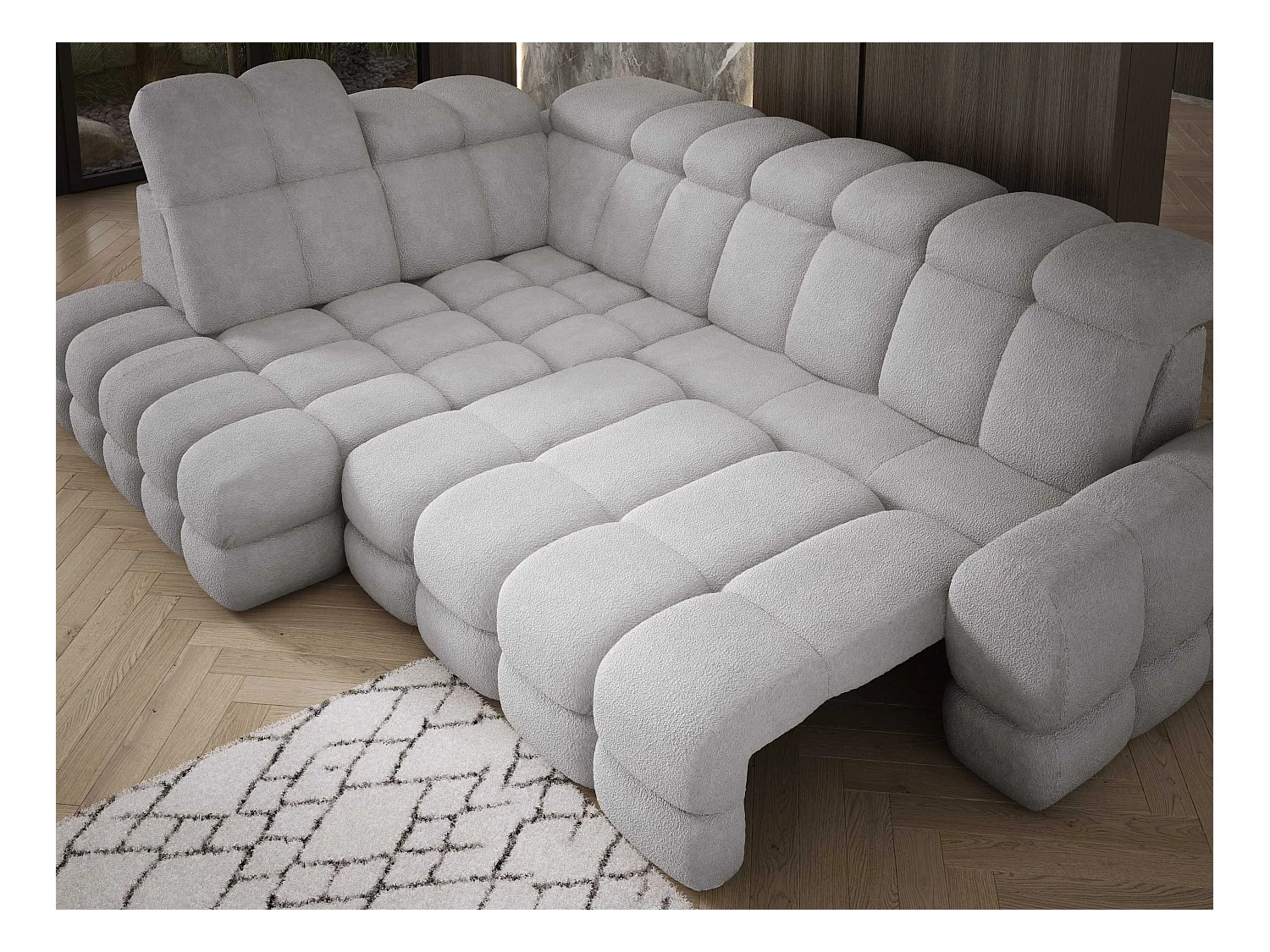 Canapé d'angle Tollo Gris tissu Anthology côté gauche 302x217x105 cm, forme L, convertible, coffre 120x85x17 cm, réglable électriquement