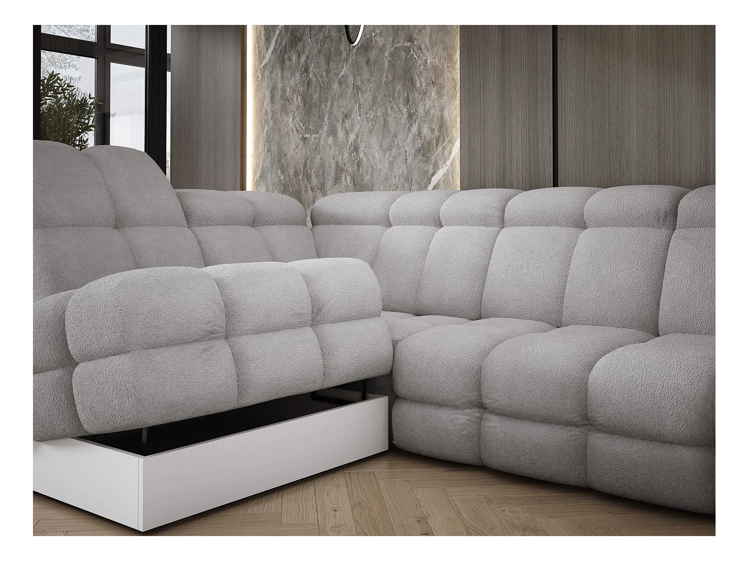 Canapé d'angle Tollo Gris tissu Anthology côté gauche 302x217x105 cm, forme L, convertible, coffre 120x85x17 cm, réglable électriquement