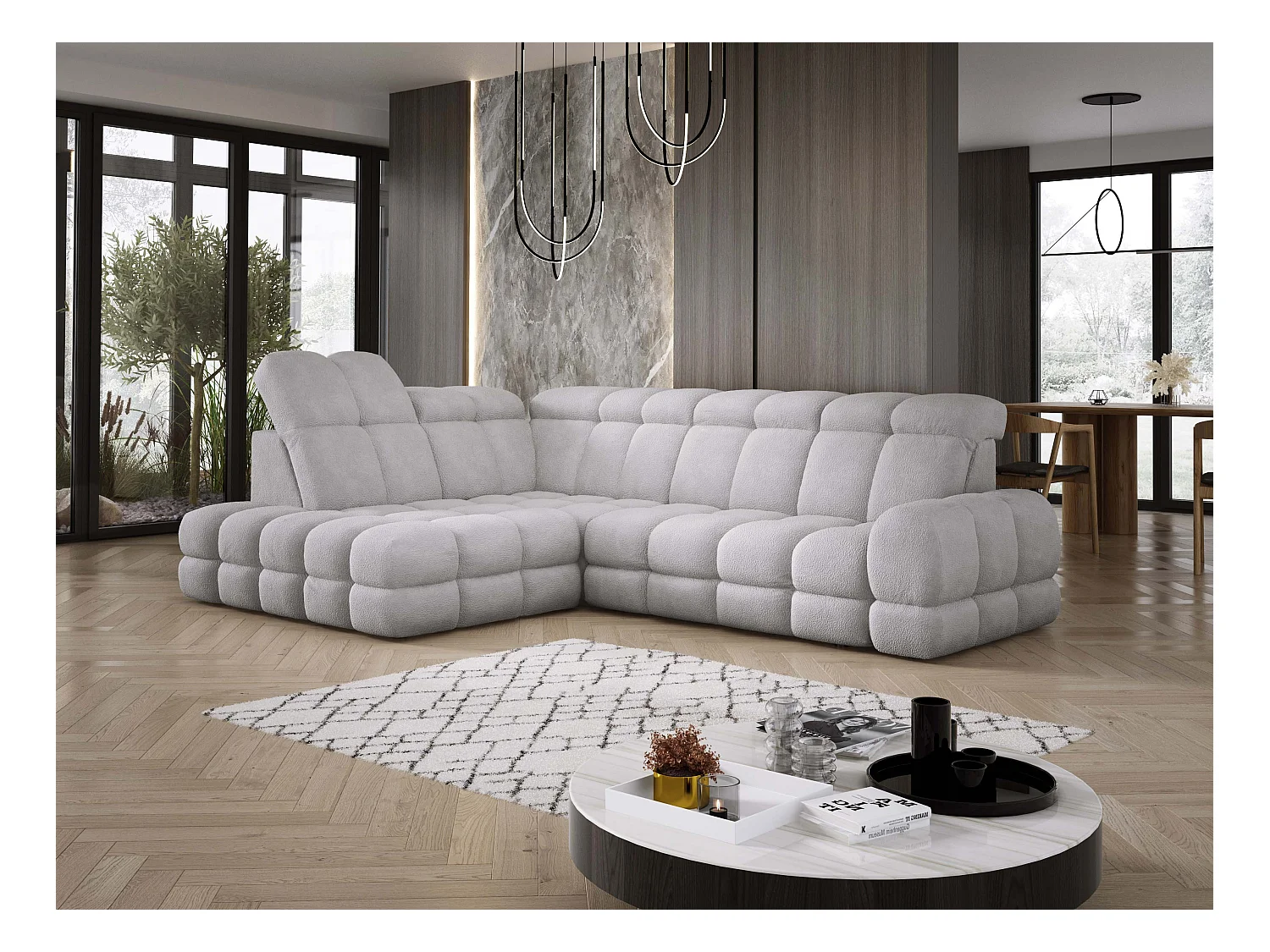 Canapé d'angle Tollo Gris tissu Anthology côté gauche 302x217x105 cm, forme L, convertible, coffre 120x85x17 cm, réglable électriquement