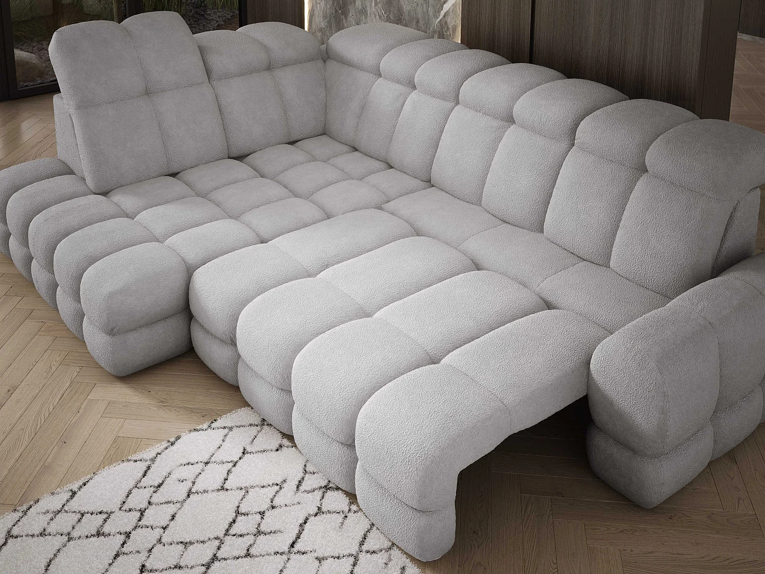 Canapé d'angle Tollo Gris tissu Anthology côté gauche 302x217x105 cm, forme L, convertible, coffre 120x85x17 cm, réglable électriquement