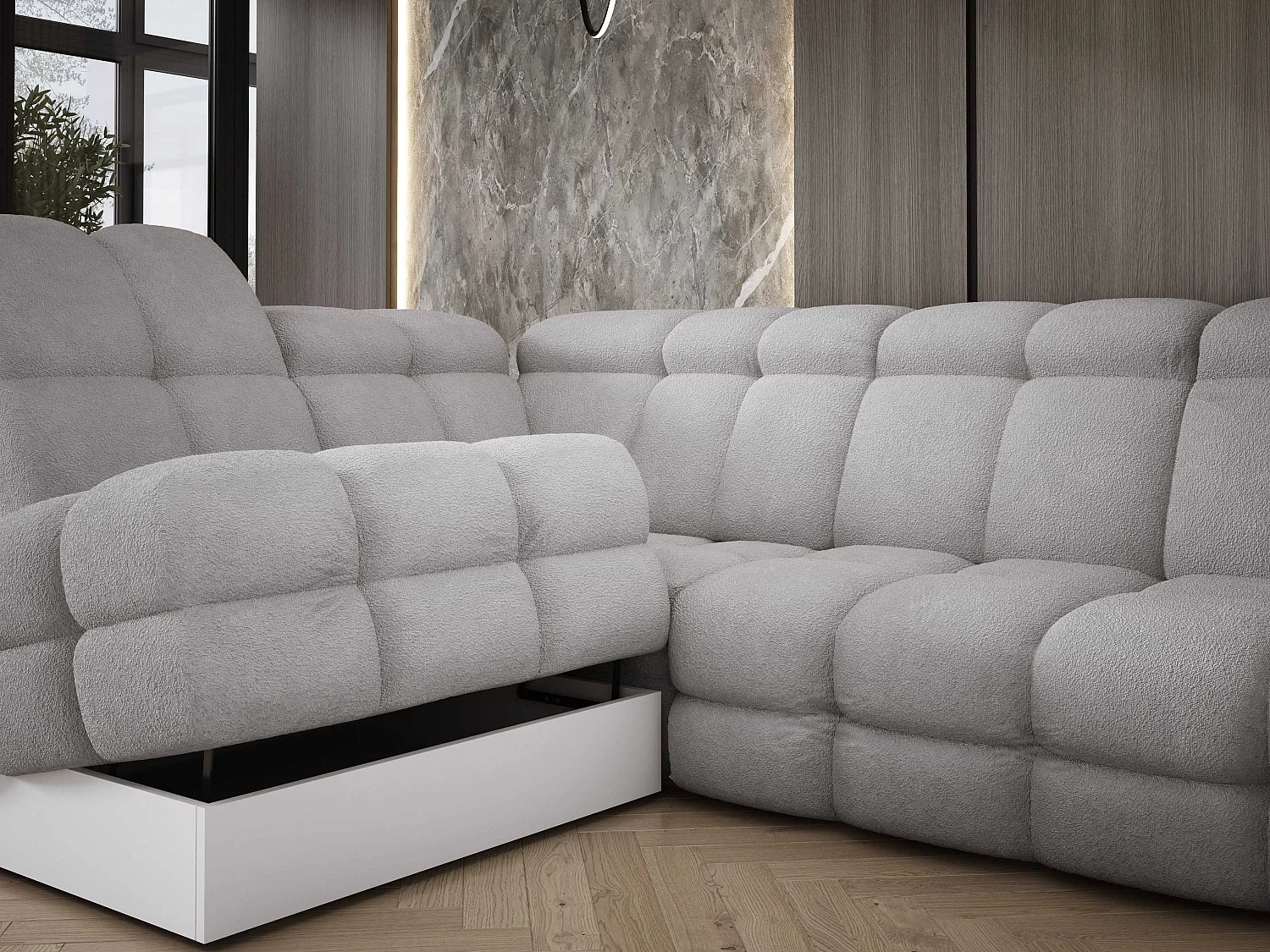 Canapé d'angle Tollo Gris tissu Anthology côté gauche 302x217x105 cm, forme L, convertible, coffre 120x85x17 cm, réglable électriquement