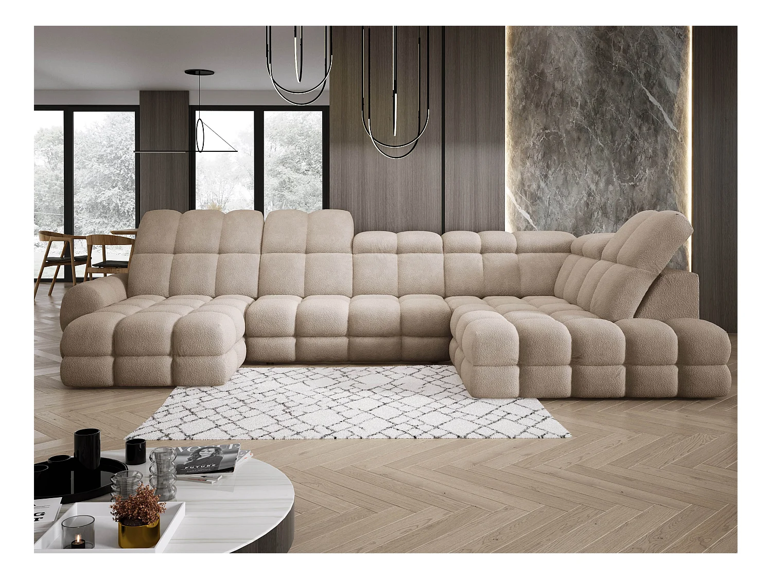 Narożnik Tollo beżowy, tkanina Anthology, prawa strona, 400x217x105 cm, sofa U-form z funkcją spania, pojemnik 120x85x17 cm, elektryczna regulacja