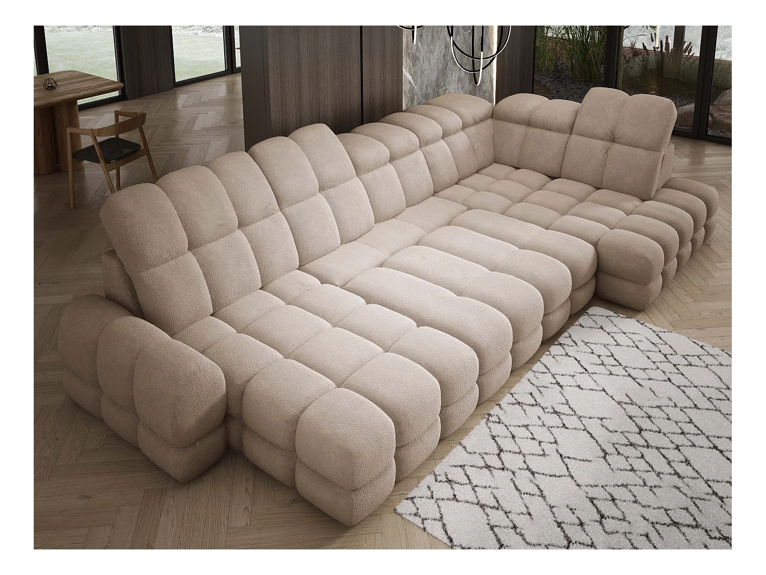 Narożnik Tollo beżowy, tkanina Anthology, prawa strona, 400x217x105 cm, sofa U-form z funkcją spania, pojemnik 120x85x17 cm, elektryczna regulacja