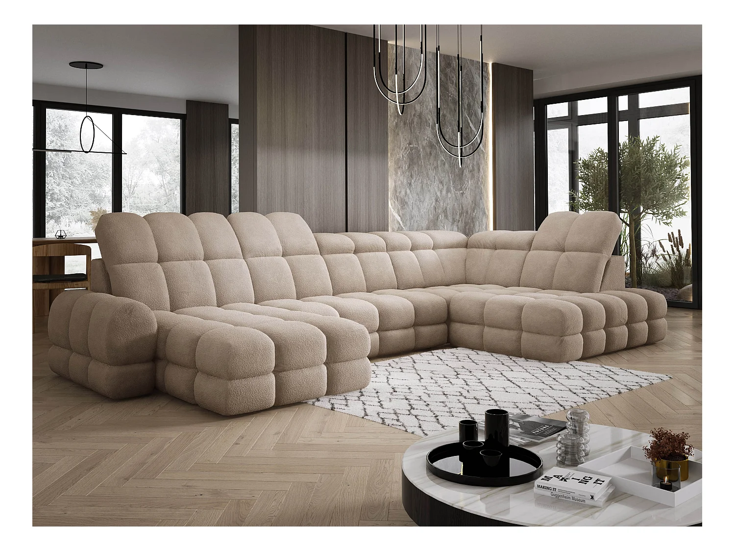 Narożnik Tollo beżowy, tkanina Anthology, prawa strona, 400x217x105 cm, sofa U-form z funkcją spania, pojemnik 120x85x17 cm, elektryczna regulacja