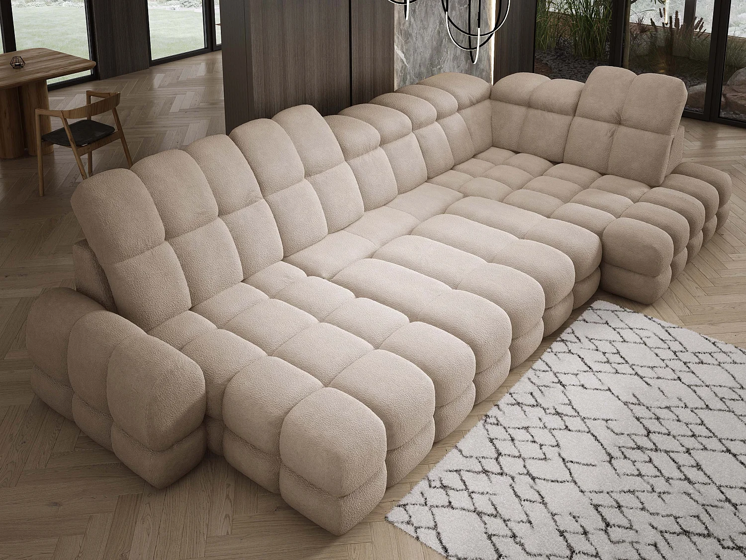 Canapé d’Angle Tollo Beige Tissu Anthology Côté Droit 400x217x105 cm, Forme U, Convertible, Coffre 120x85x17 cm, Réglable Électrique