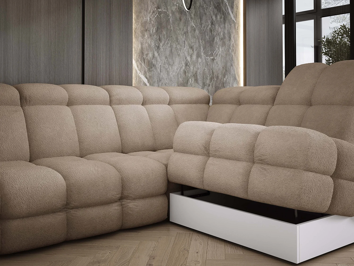 Canapé d’Angle Tollo Beige Tissu Anthology Côté Droit 400x217x105 cm, Forme U, Convertible, Coffre 120x85x17 cm, Réglable Électrique