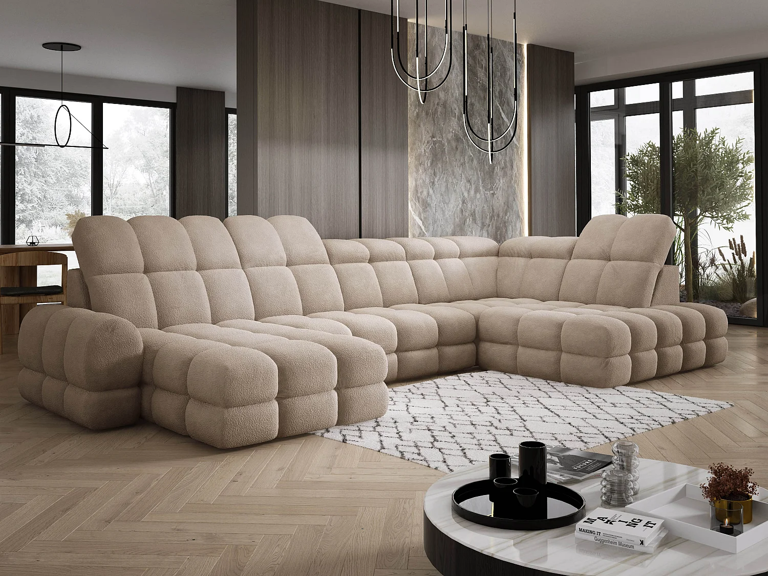 Canapé d’Angle Tollo Beige Tissu Anthology Côté Droit 400x217x105 cm, Forme U, Convertible, Coffre 120x85x17 cm, Réglable Électrique