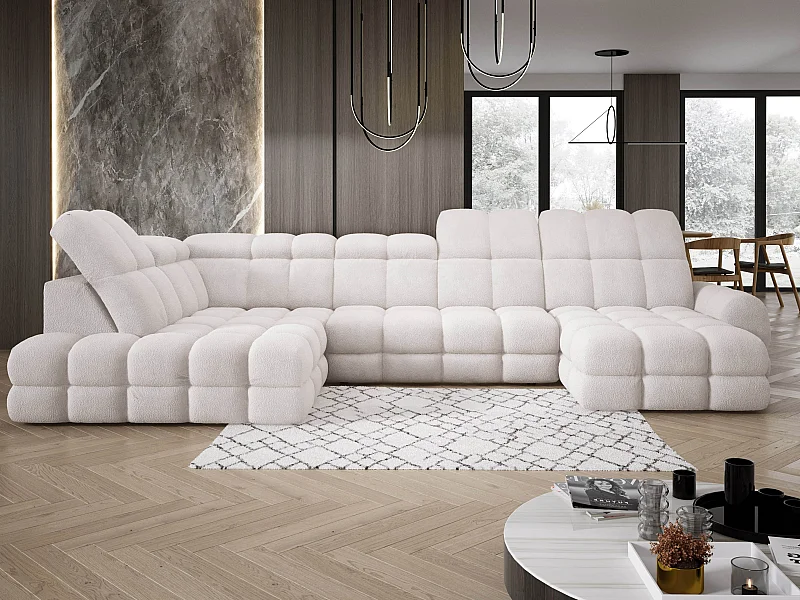 Narożnik Tollo biały, tkanina Anthology, lewa strona, 400x217x105 cm, sofa U-form z funkcją spania, pojemnik 120x85x17 cm, elektryczna regulacja