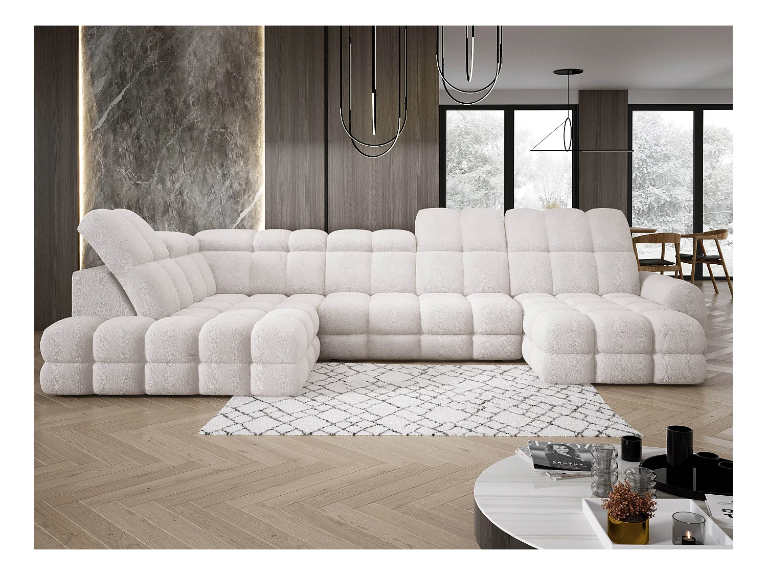 Narożnik Tollo biały, tkanina Anthology, lewa strona, 400x217x105 cm, sofa U-form z funkcją spania, pojemnik 120x85x17 cm, elektryczna regulacja