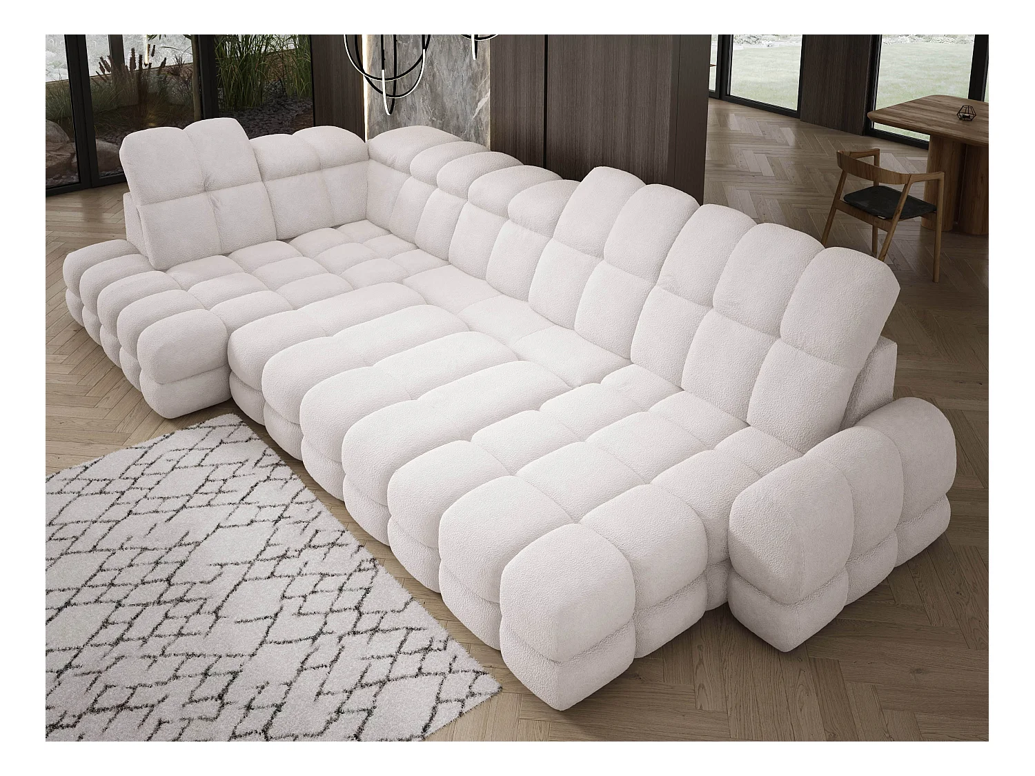 Narożnik Tollo biały, tkanina Anthology, lewa strona, 400x217x105 cm, sofa U-form z funkcją spania, pojemnik 120x85x17 cm, elektryczna regulacja