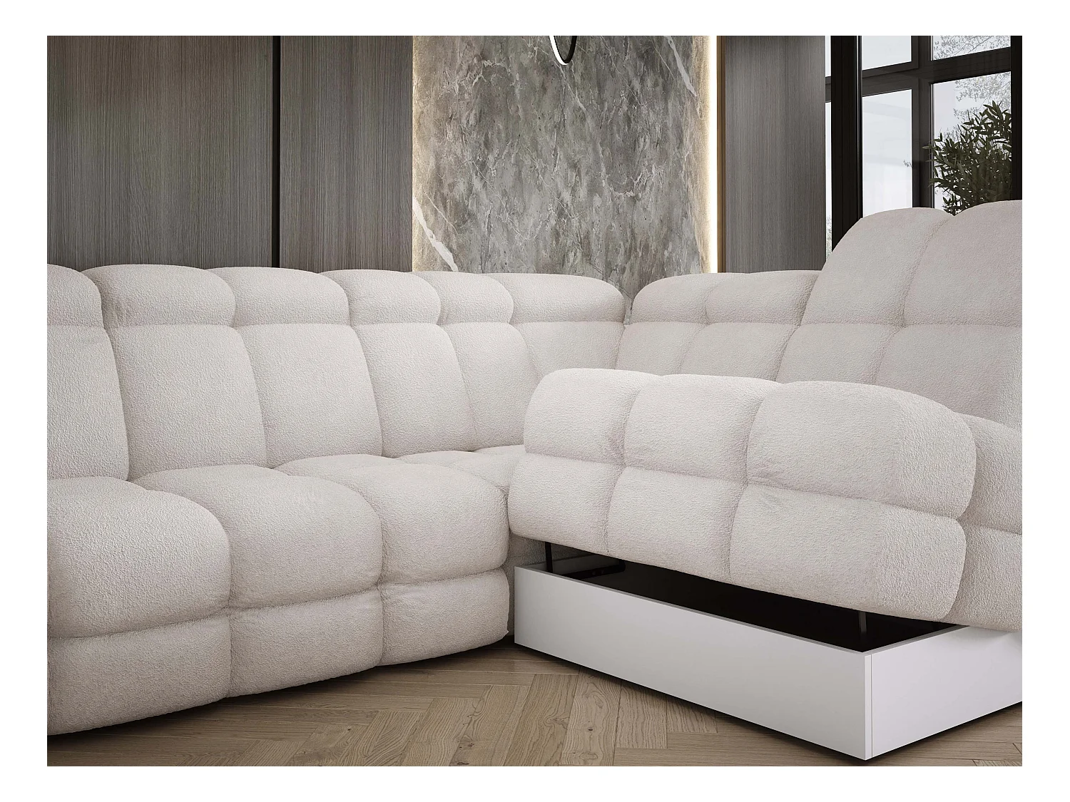 Narożnik Tollo biały, tkanina Anthology, lewa strona, 400x217x105 cm, sofa U-form z funkcją spania, pojemnik 120x85x17 cm, elektryczna regulacja