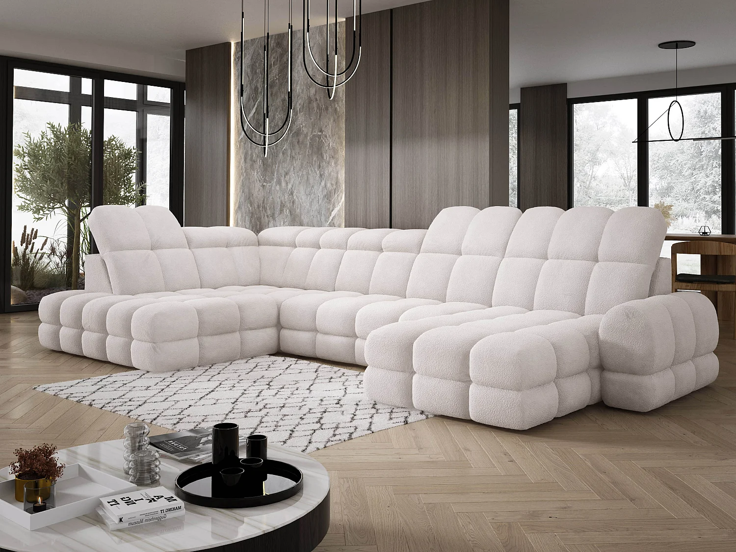 Canapé d’Angle Tollo Blanc Tissu Anthology Côté Gauche 400x217x105 cm, Forme U, Convertible, Coffre 120x85x17 cm, Réglable Électrique