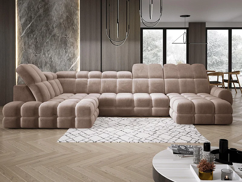 Ecksofa Tollo Braun Salvador-Stoff Links 400x217x105 cm, U-Form, Schlaffunktion, Bettkasten 120x85x17 cm, elektrisch verstellbar