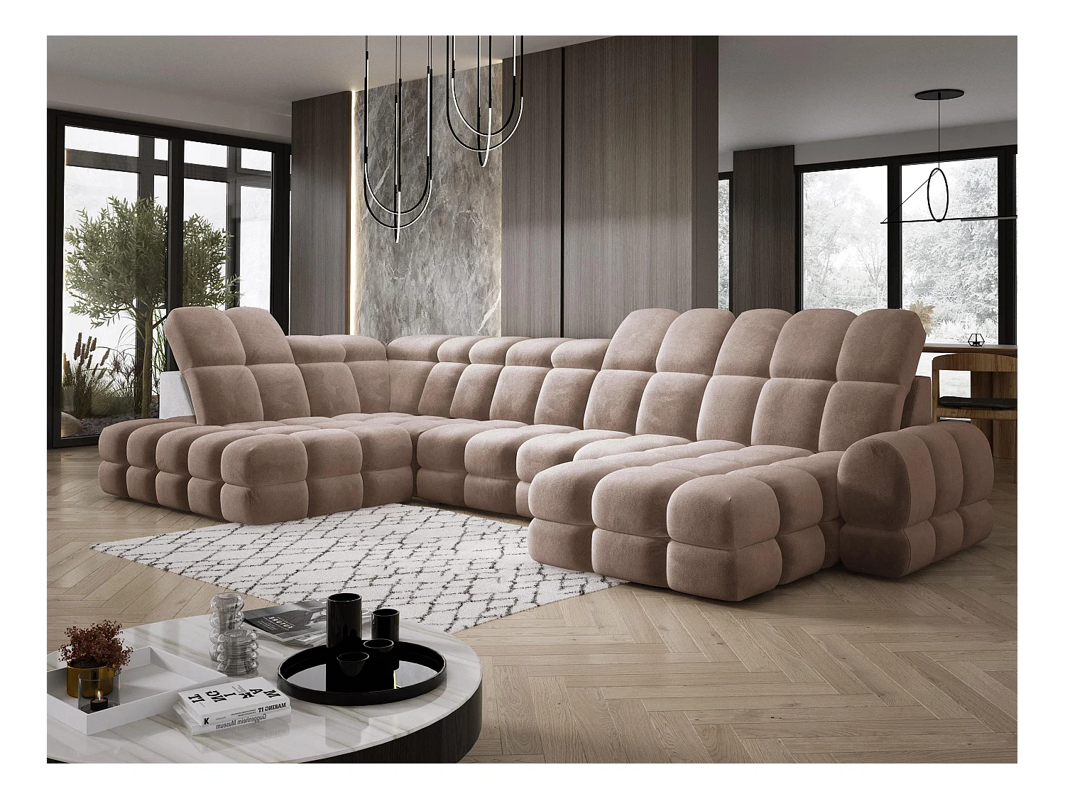 Narożnik Tollo w układzie U Lewostronny 400x217x105 cm, funkcja spania regulowany elektrycznie kolor Brązowy Tkanina - SALVADOR