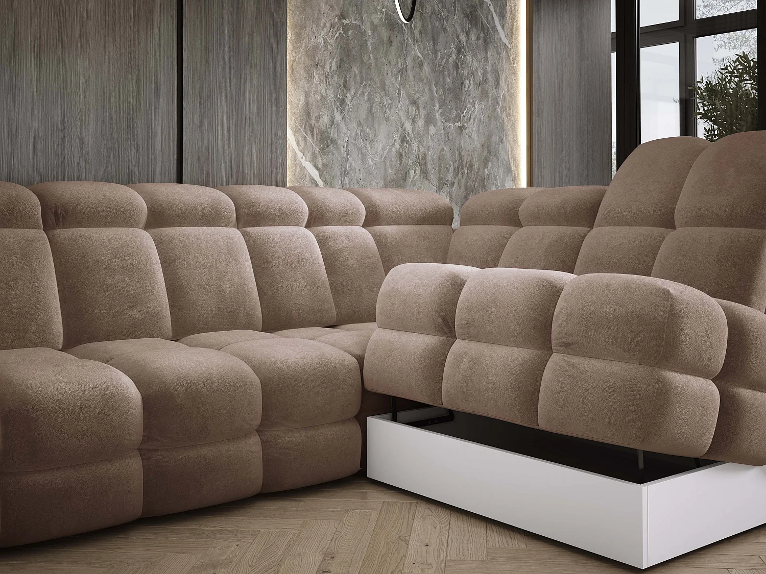 Canapé d’angle Tollo Brun tissu Salvador côté gauche 400x217x105 cm, U-Form avec couchage, coffre 120x85x17 cm, réglable électriquement