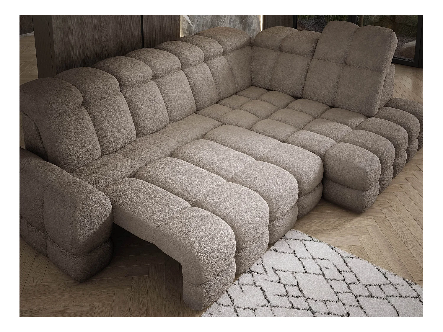 Narożnik Tollo Piaskowy Anthology, Prawa 302x217x105 cm, L-kształtny, Spanie, Pojemnik 120x85x17 cm, Elektryczna Regulacja