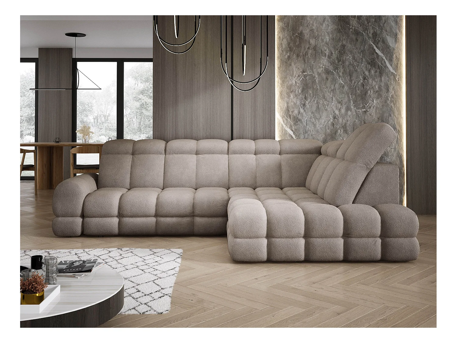 Narożnik Tollo Piaskowy Anthology, Prawa 302x217x105 cm, L-kształtny, Spanie, Pojemnik 120x85x17 cm, Elektryczna Regulacja