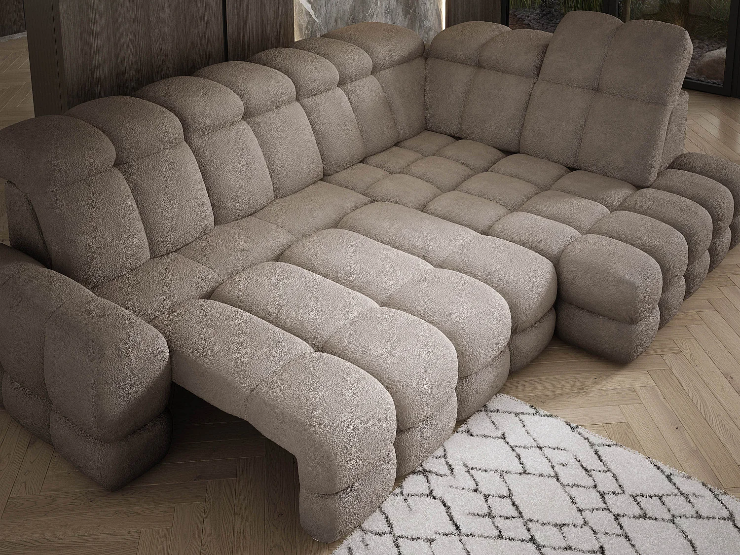 Canapé d'angle Tollo Sable tissu Anthology côté droit 302x217x105 cm, forme L, convertible, coffre 120x85x17 cm, réglable électriquement