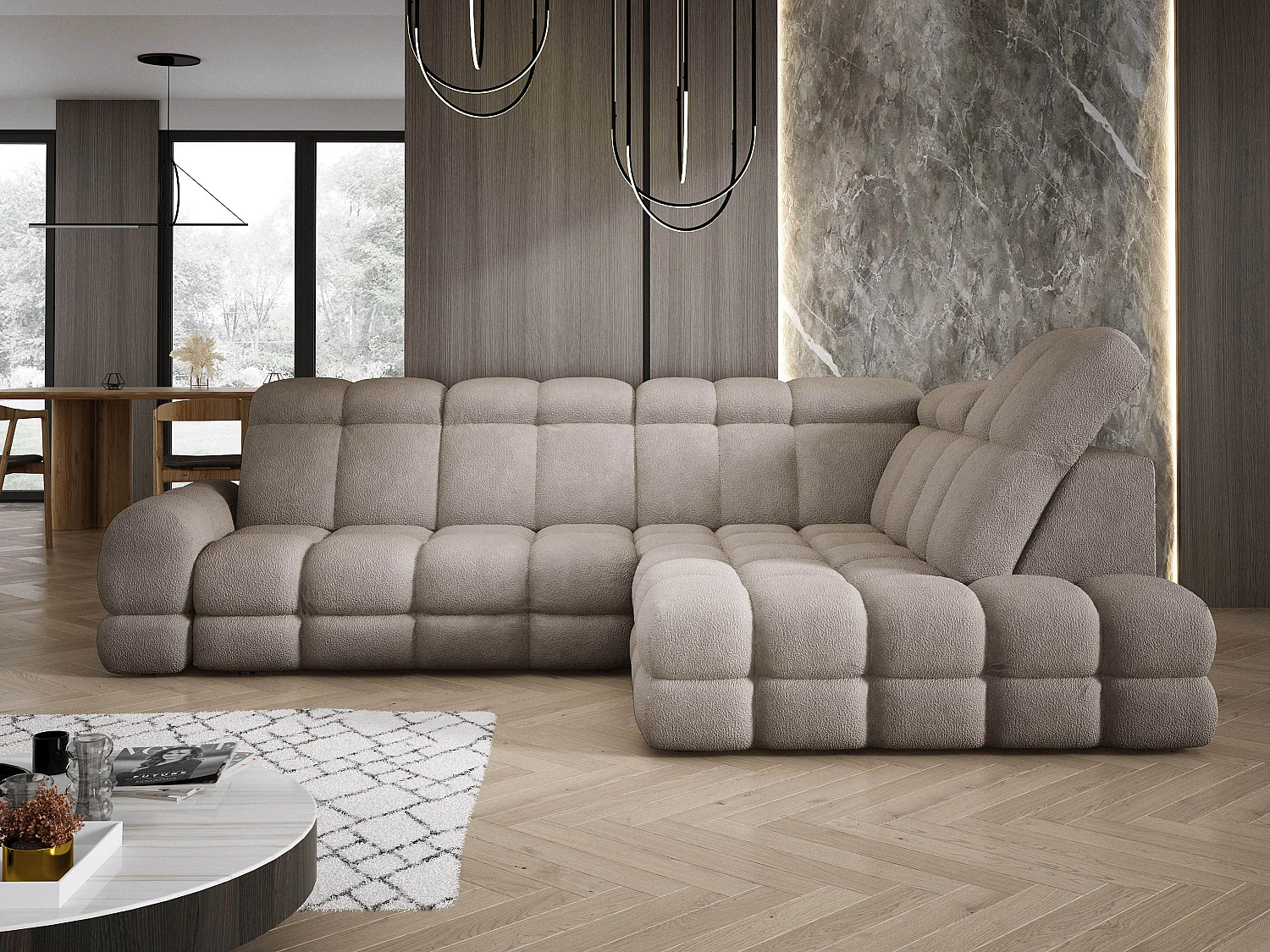 Canapé d'angle Tollo Sable tissu Anthology côté droit 302x217x105 cm, forme L, convertible, coffre 120x85x17 cm, réglable électriquement