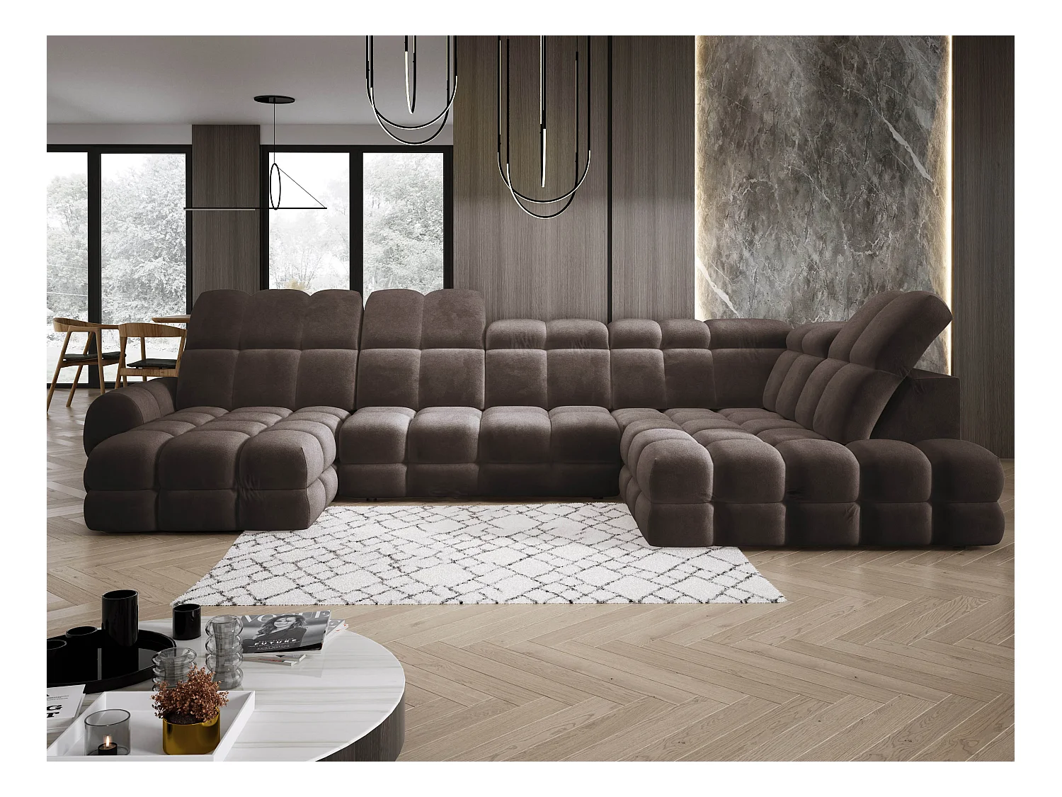 Narożnik Tollo w układzie U Prawostronny 400x217x105 cm, funkcja spania regulowany elektrycznie kolor Szary Tkanina - SALVADOR