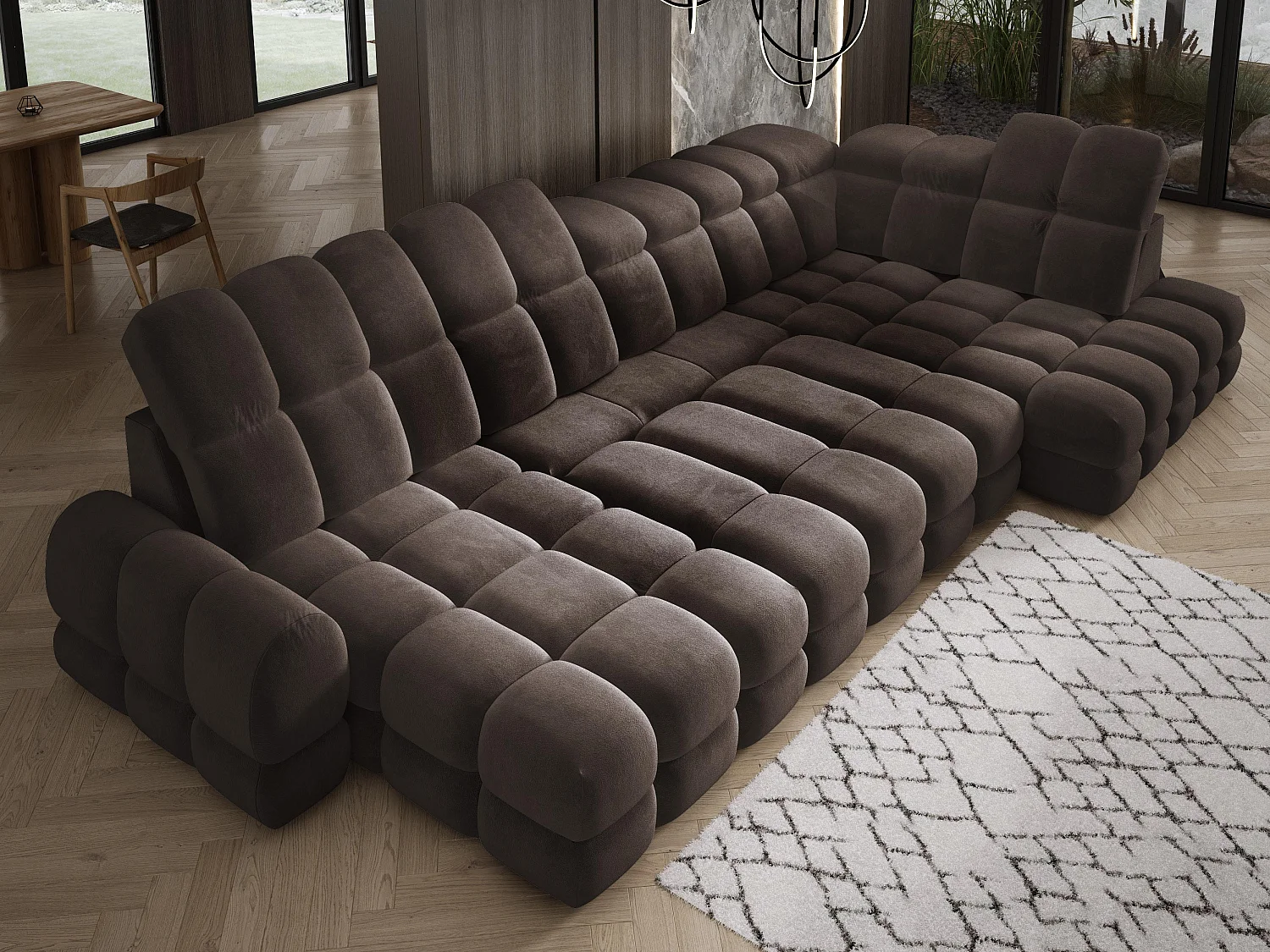 Canapé d’angle Tollo Gris tissu Salvador côté droit 400x217x105 cm, U-Form avec couchage, coffre 120x85x17 cm, réglable électriquement