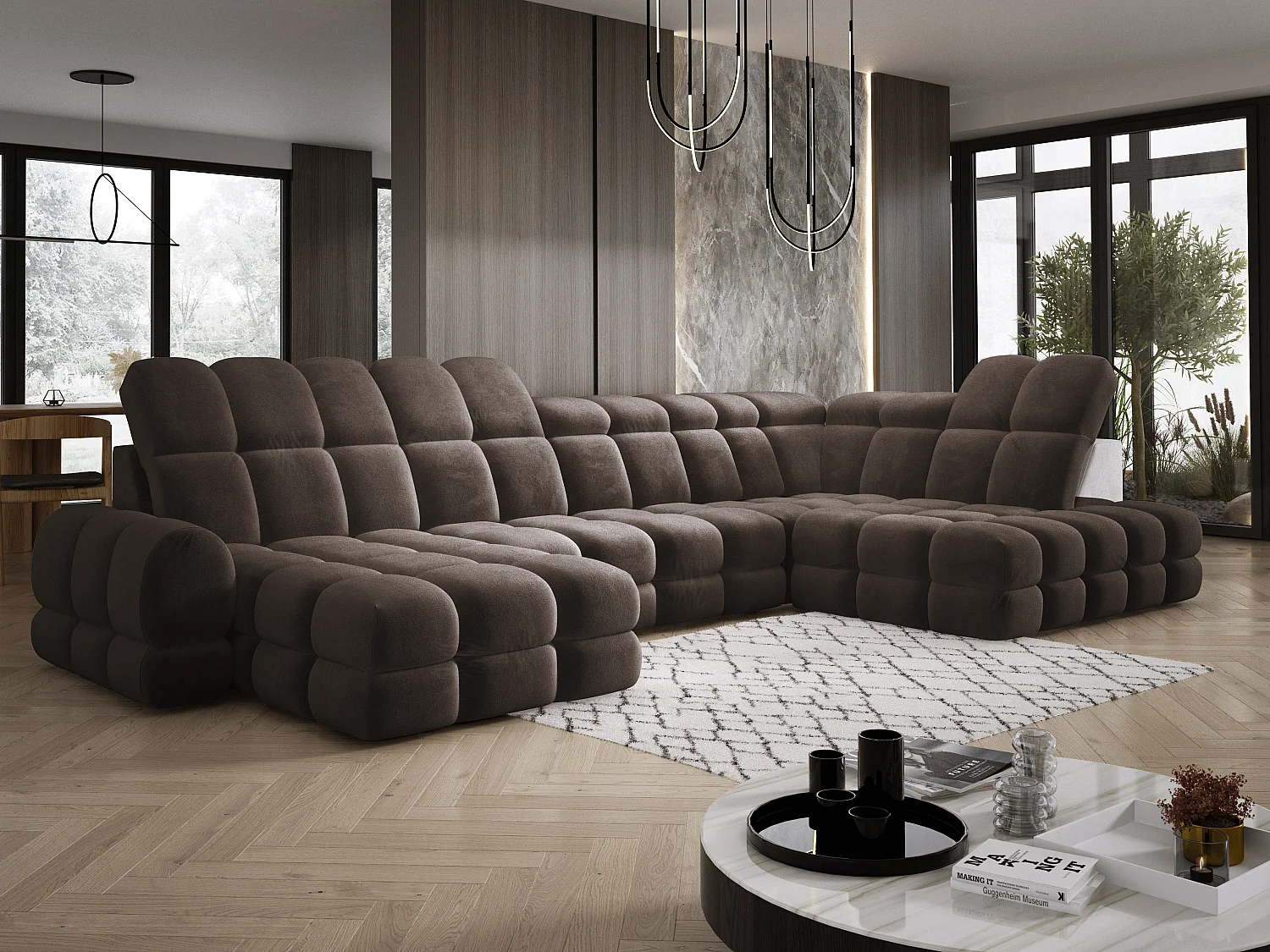 Canapé d’angle Tollo Gris tissu Salvador côté droit 400x217x105 cm, U-Form avec couchage, coffre 120x85x17 cm, réglable électriquement