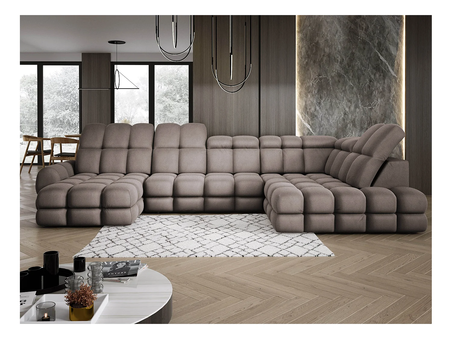 Ecksofa Tollo Schokolade Solar-Stoff Rechts 400x217x105 cm, U-Form, Schlaffunktion, Bettkasten 120x85x17 cm, elektrisch verstellbar