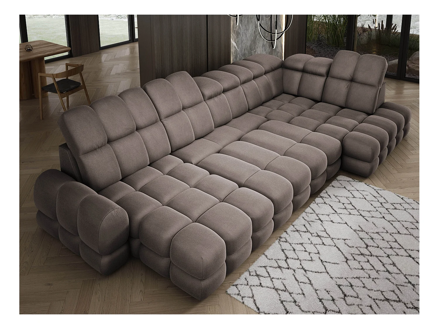 Ecksofa Tollo Schokolade Solar-Stoff Rechts 400x217x105 cm, U-Form, Schlaffunktion, Bettkasten 120x85x17 cm, elektrisch verstellbar