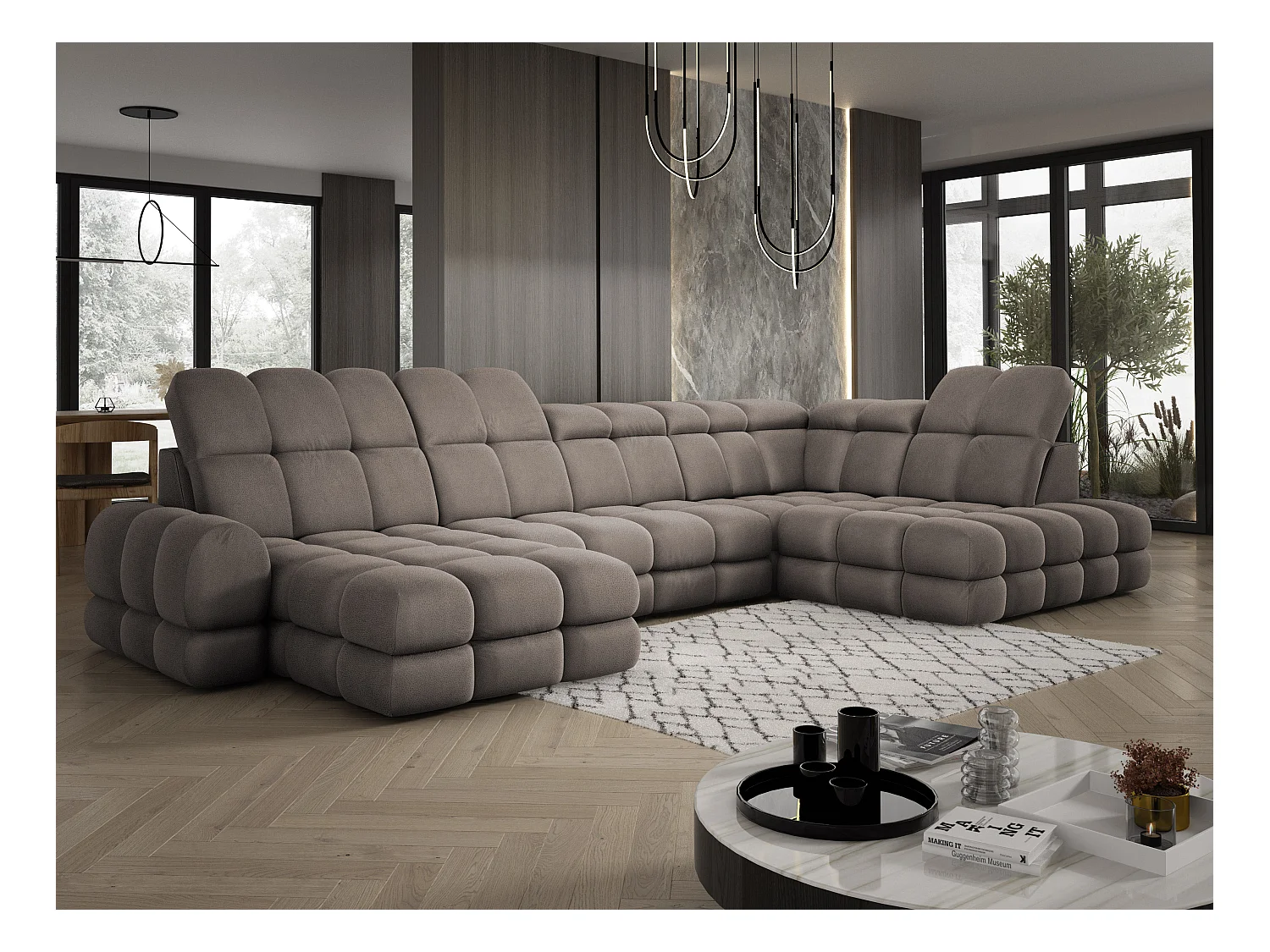 Ecksofa Tollo Schokolade Solar-Stoff Rechts 400x217x105 cm, U-Form, Schlaffunktion, Bettkasten 120x85x17 cm, elektrisch verstellbar