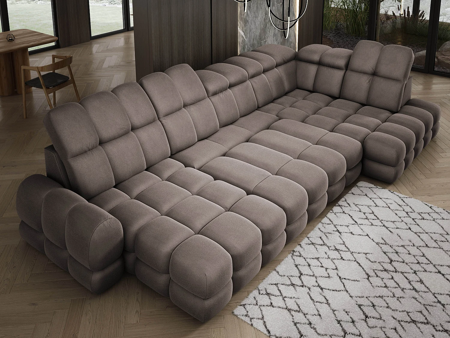 Canapé d’angle Tollo Chocolat tissu Solar côté droit 400x217x105 cm, U-Form avec couchage, coffre 120x85x17 cm, réglable électriquement