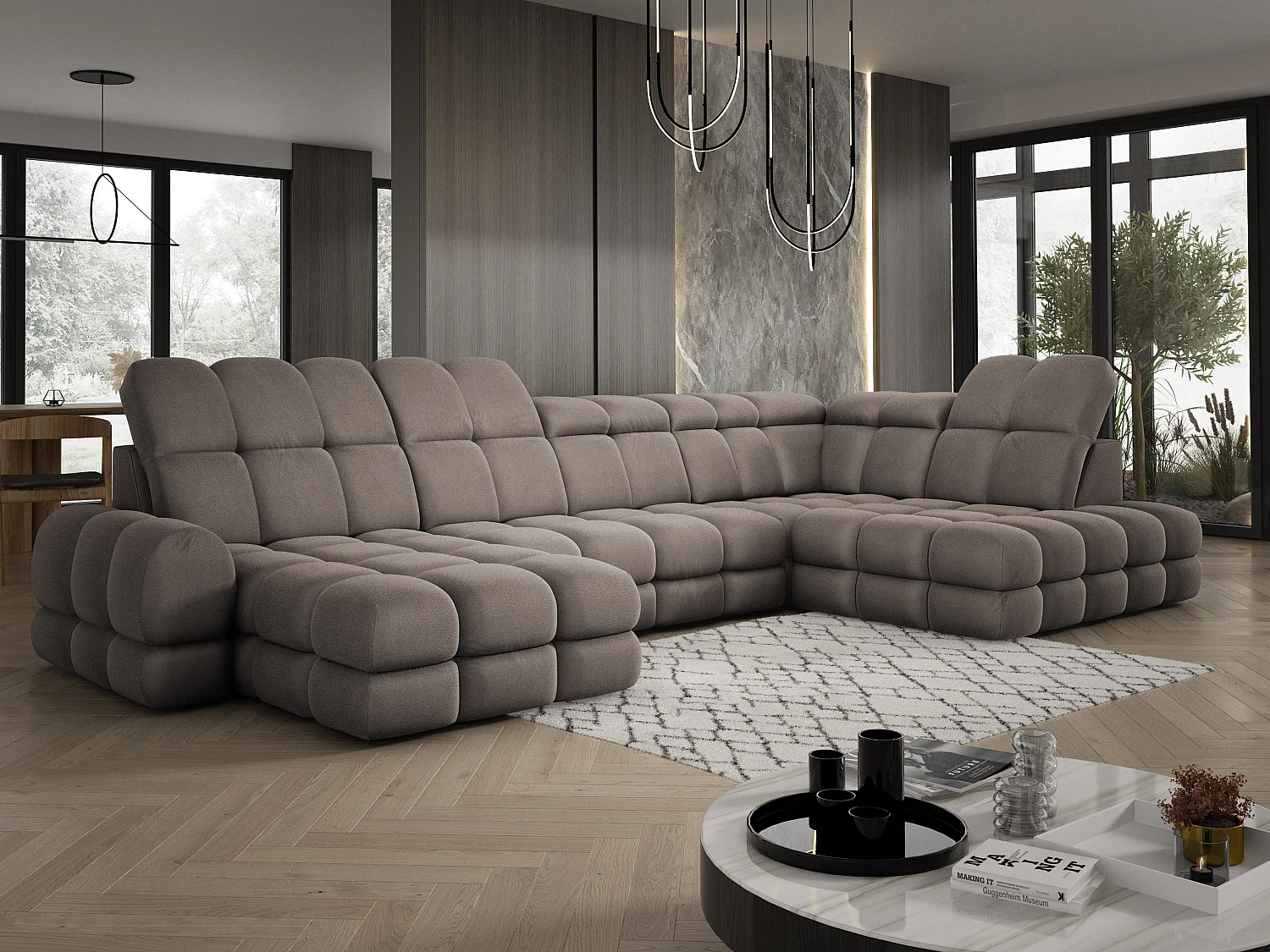 Canapé d’angle Tollo Chocolat tissu Solar côté droit 400x217x105 cm, U-Form avec couchage, coffre 120x85x17 cm, réglable électriquement