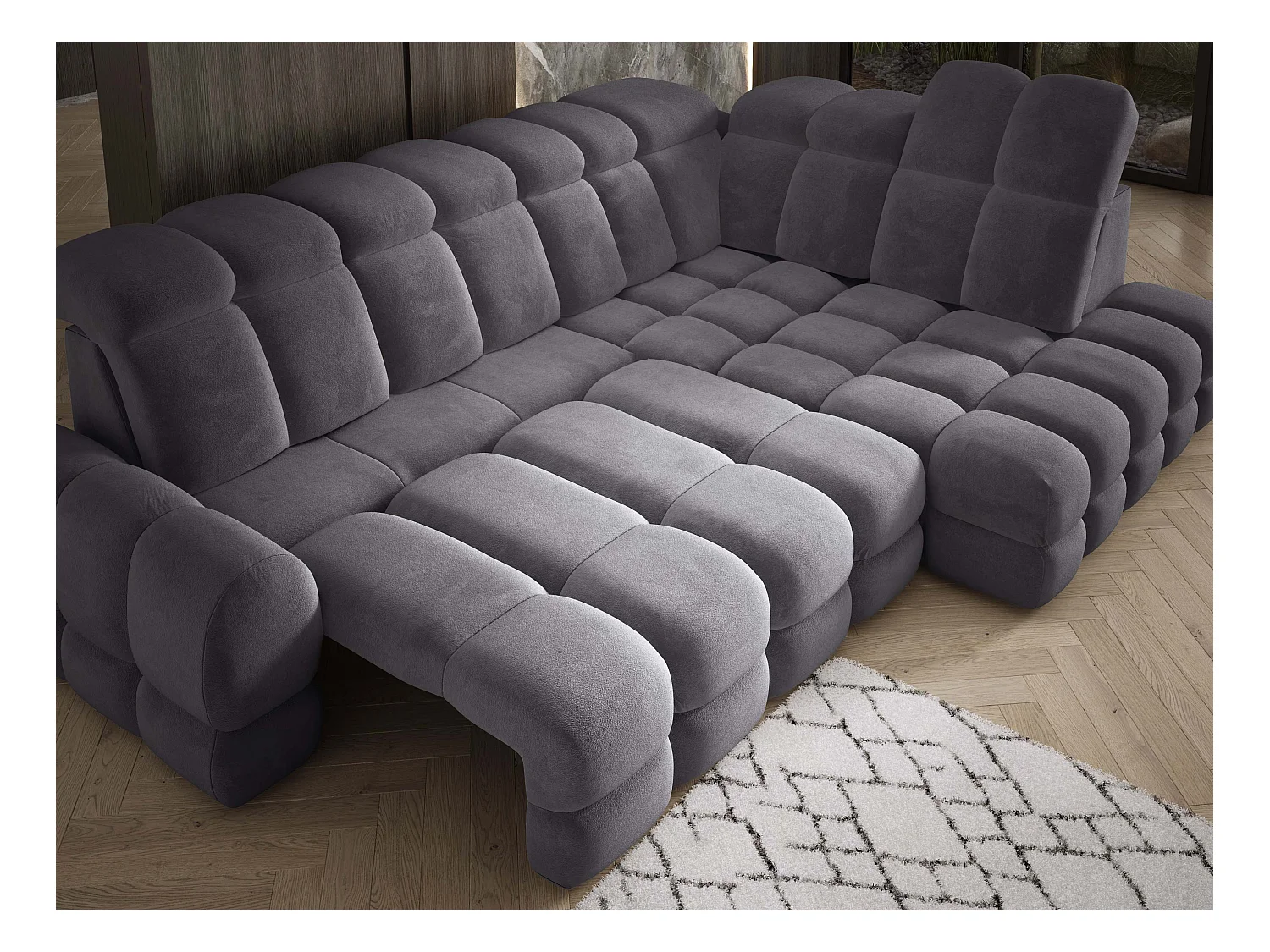 Canapé d'angle Tollo Anthracite tissu Salvador côté droit 302x217x105 cm, forme L, convertible, coffre 120x85x17 cm, réglage électrique