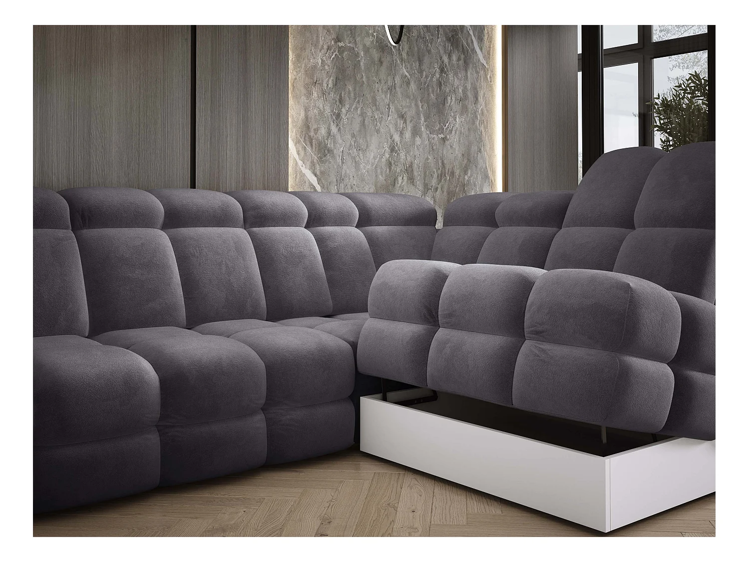 Canapé d'angle Tollo Anthracite tissu Salvador côté droit 302x217x105 cm, forme L, convertible, coffre 120x85x17 cm, réglage électrique