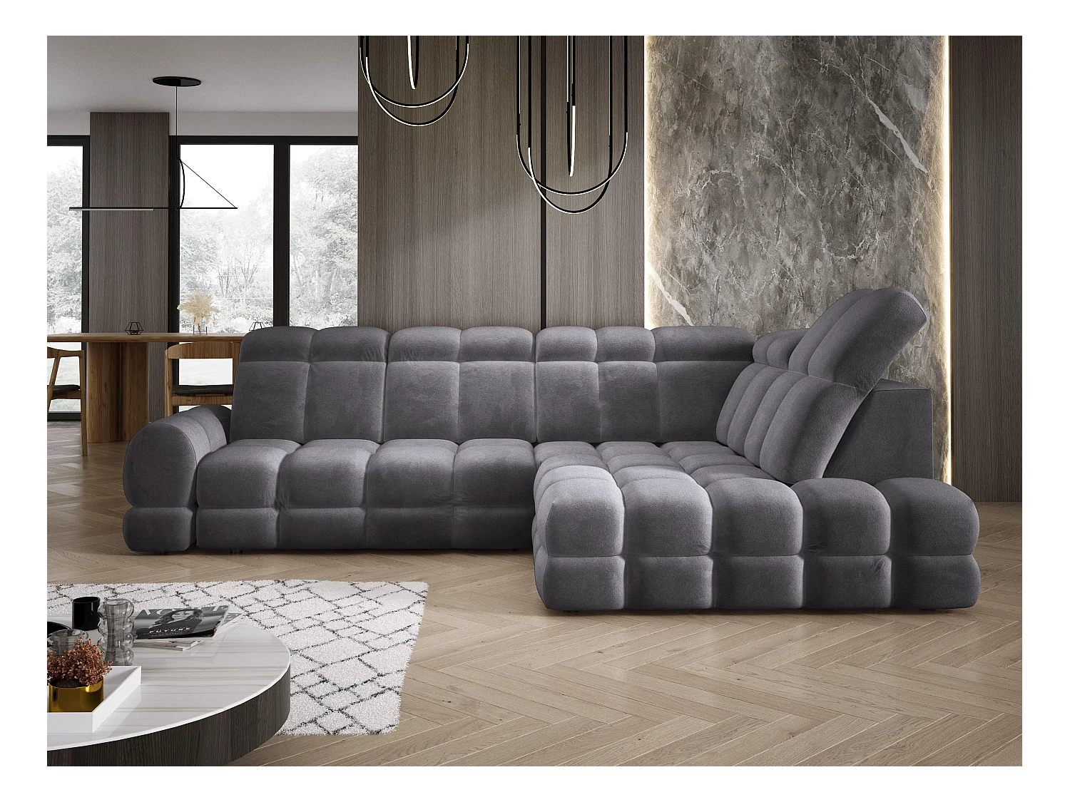 Canapé d'angle Tollo Anthracite tissu Salvador côté droit 302x217x105 cm, forme L, convertible, coffre 120x85x17 cm, réglage électrique