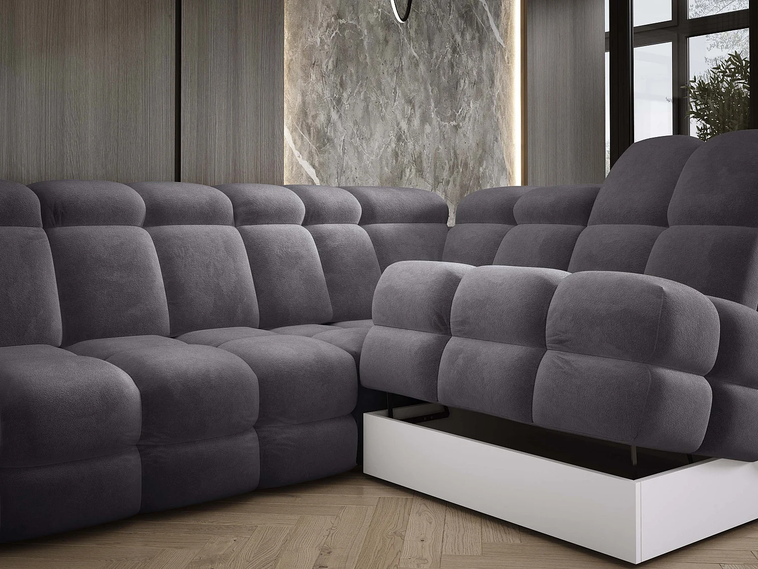 Canapé d'angle Tollo Anthracite tissu Salvador côté droit 302x217x105 cm, forme L, convertible, coffre 120x85x17 cm, réglage électrique