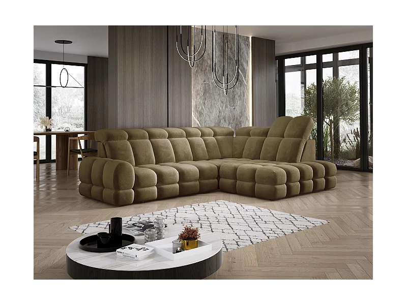 Ecksofa Tollo Olivgrün Salvador-Stoff rechts 302x217x105 cm, L-Form, Schlaffunktion, Bettkasten 120x85x17 cm, elektrisch verstellbar