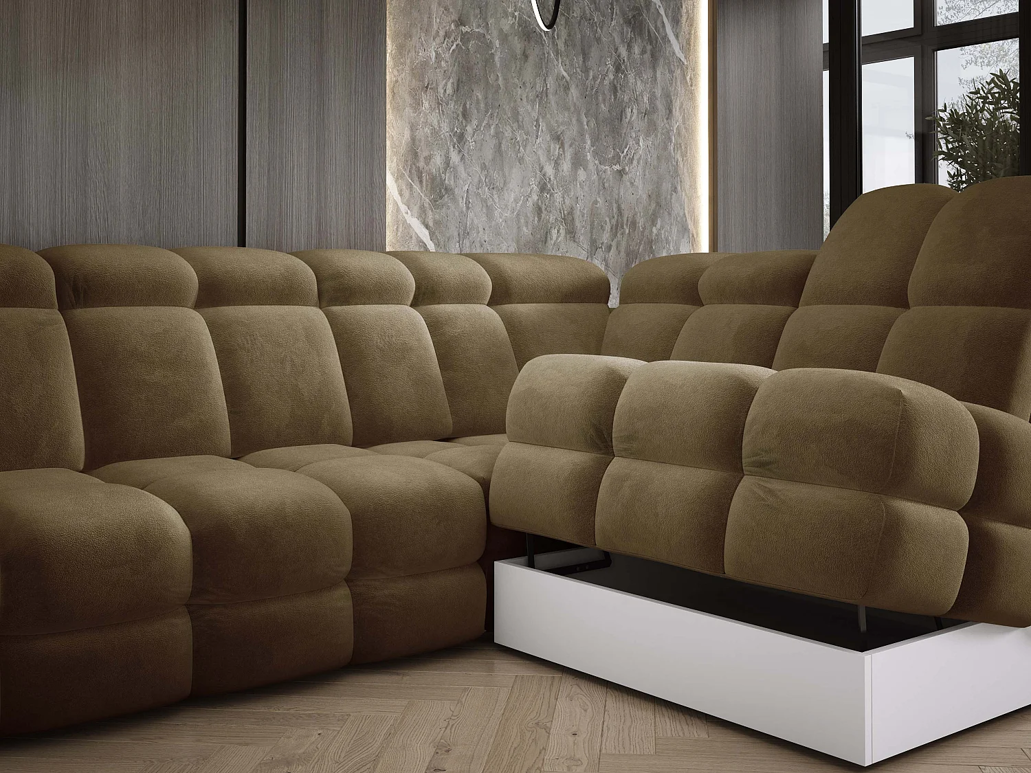 Canapé d'angle Tollo Vert Olive tissu Salvador côté droit 302x217x105 cm, forme L, convertible, coffre 120x85x17 cm, réglage électrique