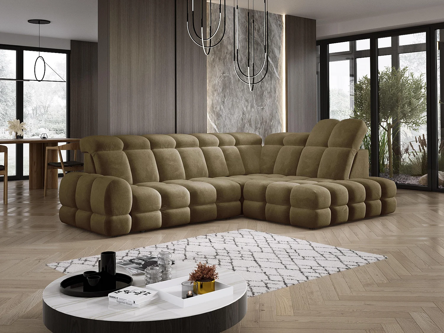 Canapé d'angle Tollo Vert Olive tissu Salvador côté droit 302x217x105 cm, forme L, convertible, coffre 120x85x17 cm, réglage électrique