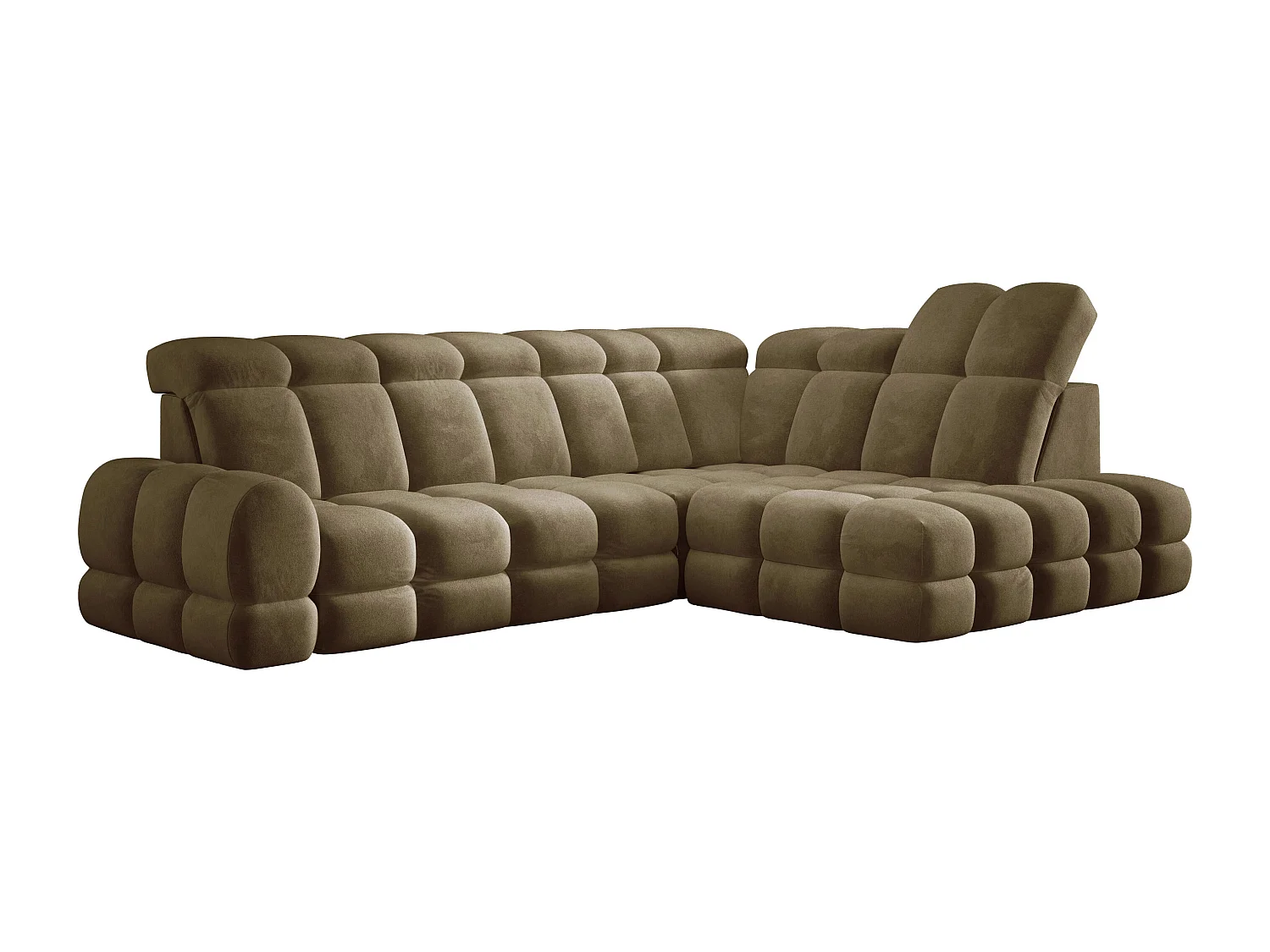 Canapé d'angle Tollo Vert Olive tissu Salvador côté droit 302x217x105 cm, forme L, convertible, coffre 120x85x17 cm, réglage électrique