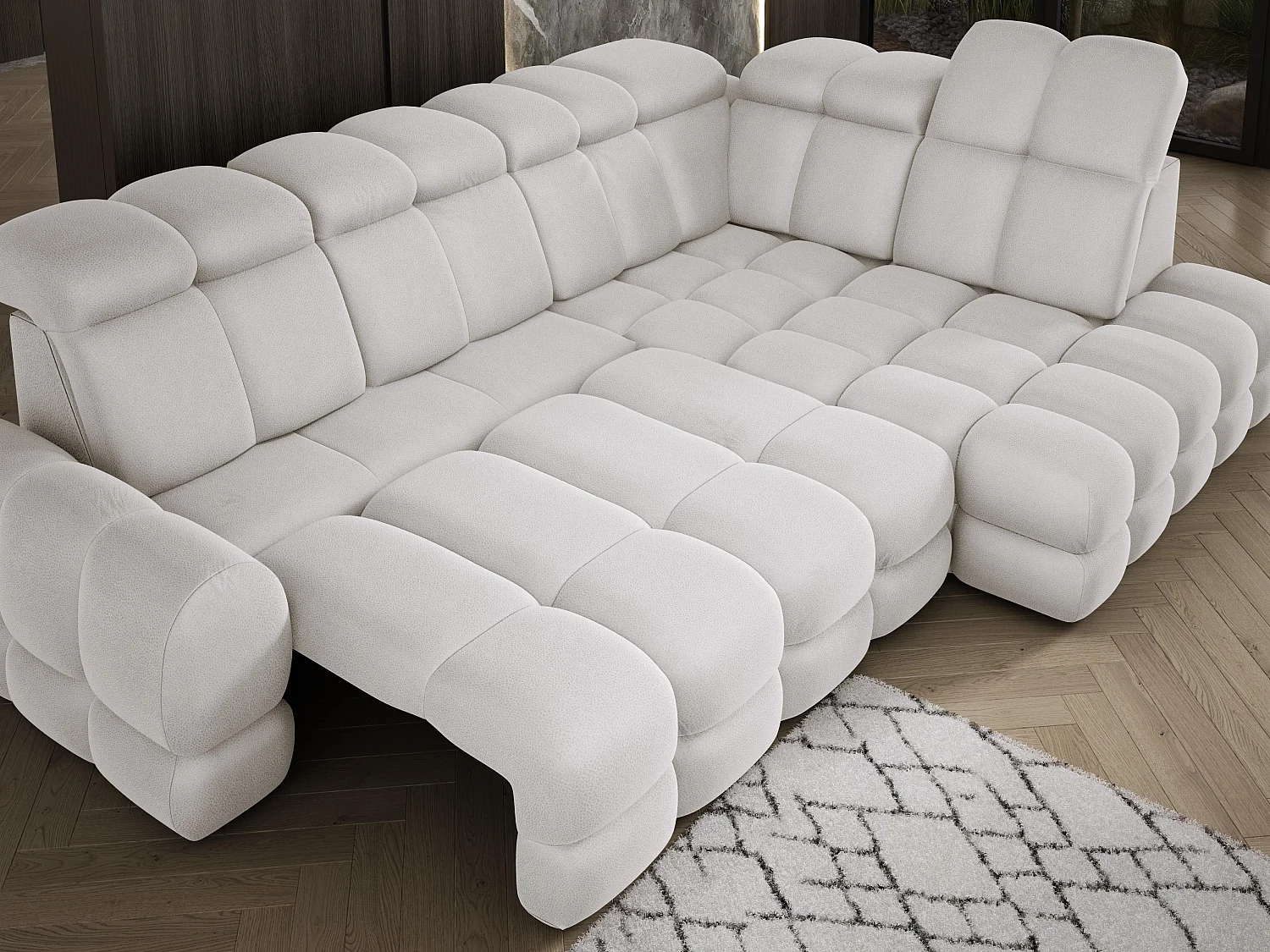 Canapé d'angle Tollo Frêne tissu Solar côté droit 302x217x105 cm, forme L, convertible, coffre 120x85x17 cm, réglage électrique