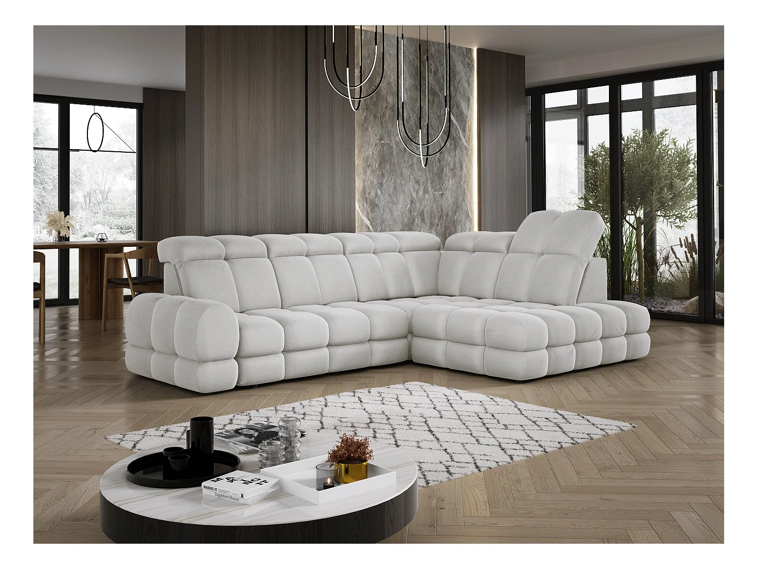 Ecksofa Tollo Esche Solar-Stoff rechts 302x217x105 cm, L-Form, Schlaffunktion, Bettkasten 120x85x17 cm, elektrisch verstellbar