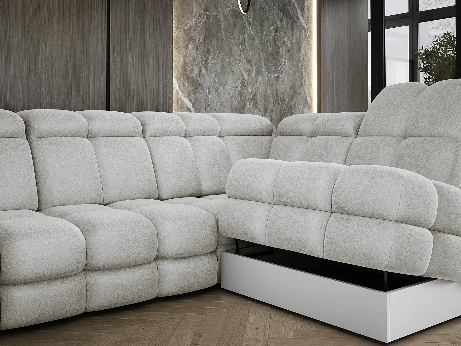 Ecksofa Tollo Esche Solar-Stoff rechts 302x217x105 cm, L-Form, Schlaffunktion, Bettkasten 120x85x17 cm, elektrisch verstellbar