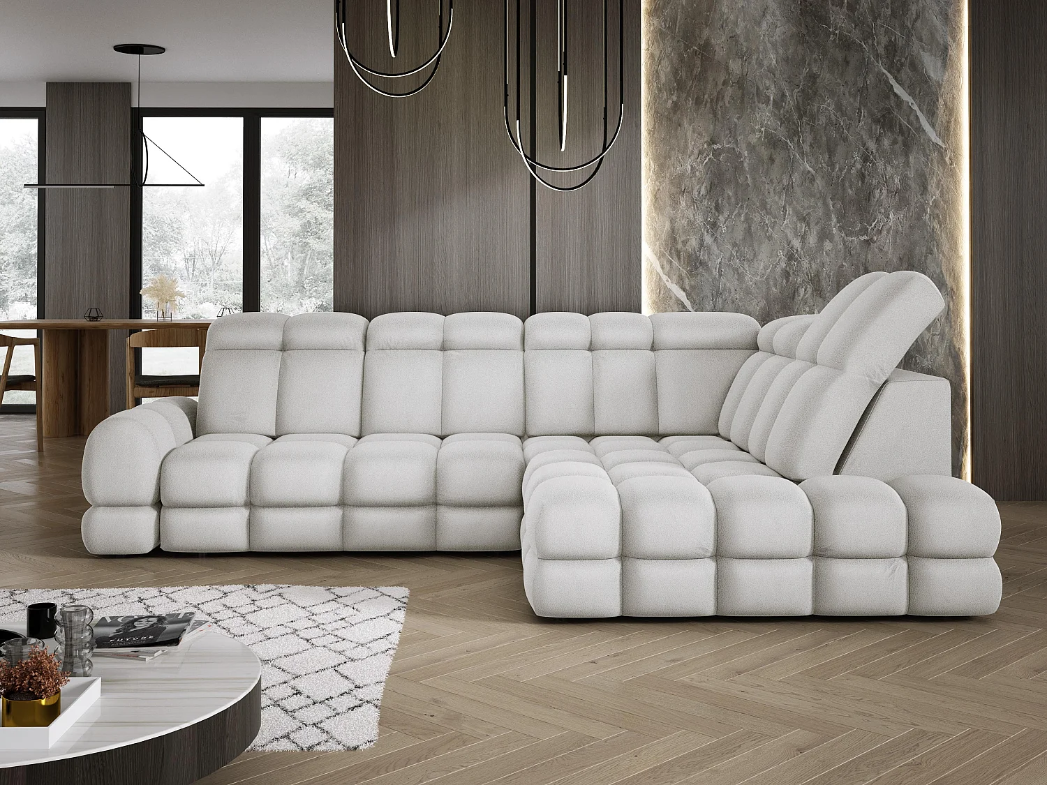 Ecksofa Tollo Esche Solar-Stoff rechts 302x217x105 cm, L-Form, Schlaffunktion, Bettkasten 120x85x17 cm, elektrisch verstellbar