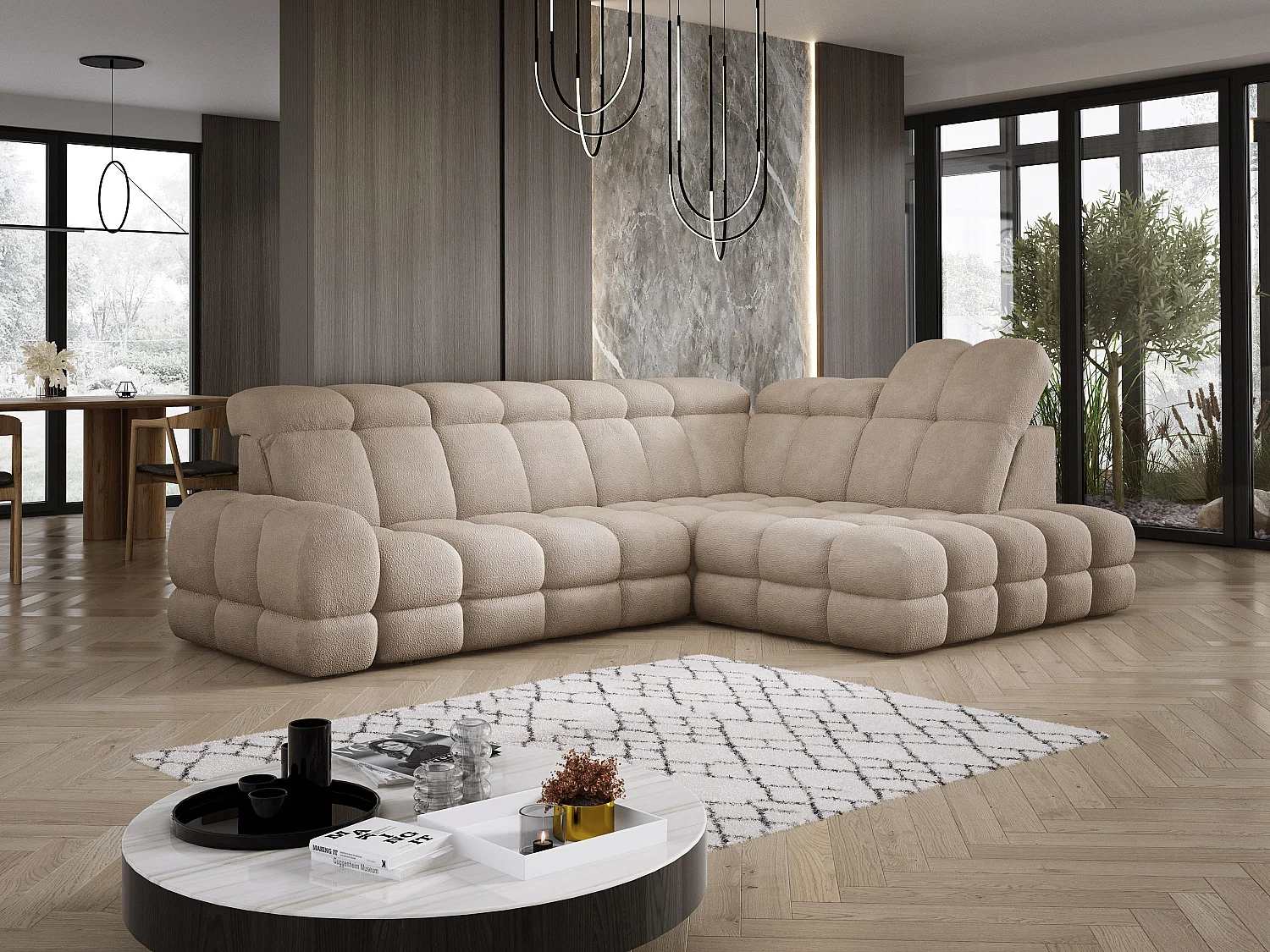Canapé d'angle Tollo Beige tissu Anthology côté droit 302x217x105 cm, forme L, convertible, coffre 120x85x17 cm, réglable électriquement